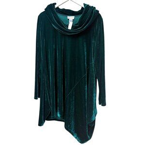 SOFT SURROUNDINGS Womens Tunic Top Medium Cowl Neck Green Stretch Velvet NEW